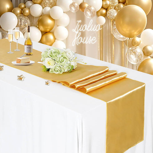 5 Pack Satin Table Runners 12 x 108 inches Long Silk and Smooth Fabric Gold Table Runner for Party, Wedding, Banquet,