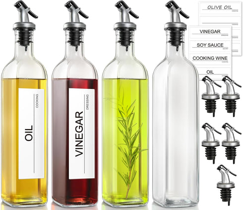 GMISUN Oil Dispenser for Kitchen, Glass Oil Container Set of 4, Cooking Oil and Vinegar Dispenser with Funnel and Labels