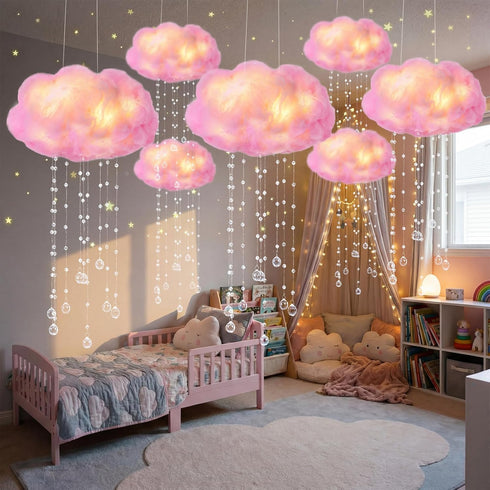 3D Decor(2 Marsui Artificial Cloud Props LED Hanging Pink Light String Fake Imitation Cotton Cloud Classroom School