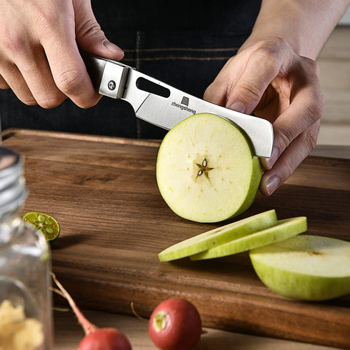 ZhengSheng Folding Chef Knife 4.8" Sharp 440A Stainless Steel Blade, Wooden Handle Pocket Foldable Kitchen Knife