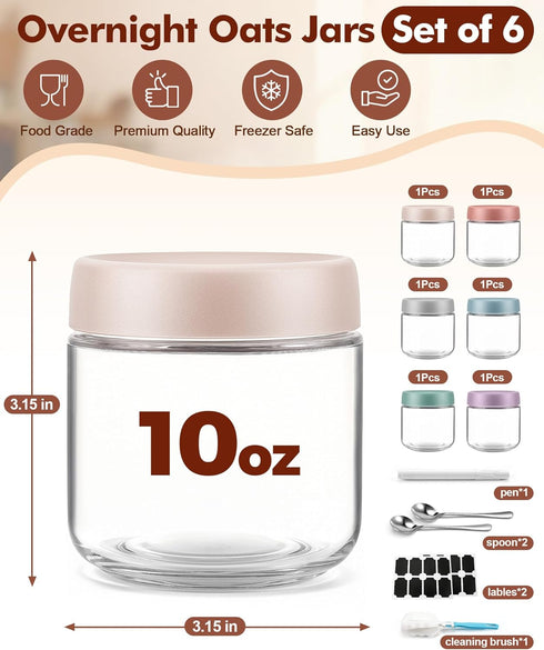 6 pack 10 oz Overnight Oats Containers with Lids and Spoons Glass Jars with Airtight Lids: Wide Mouth Mason Salad Jars