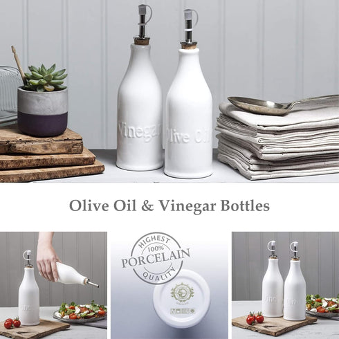 WM Bartleet & Sons 1750 T186 Set 34cm Traditional Porcelain of Olive Oil & Vinegar Bottles with Stainless Steel Pourers