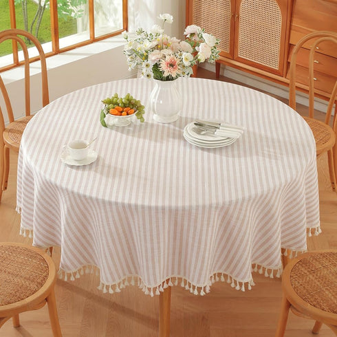 TruDelve Small Round Table Cloth, 60 Inch Beige Striped Cloth Tablecloth, Boho Fall Round Table Cover