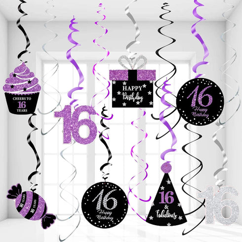 Sweet 16 Birthday Decorations Purple Silver Black, 16th Birthday Party Decor with Foil Hanging Swirls for Women/Girls