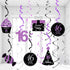 Sweet 16 Birthday Decorations Purple Silver Black, 16th Birthday Party Decor with Foil Hanging Swirls for Women/Girls