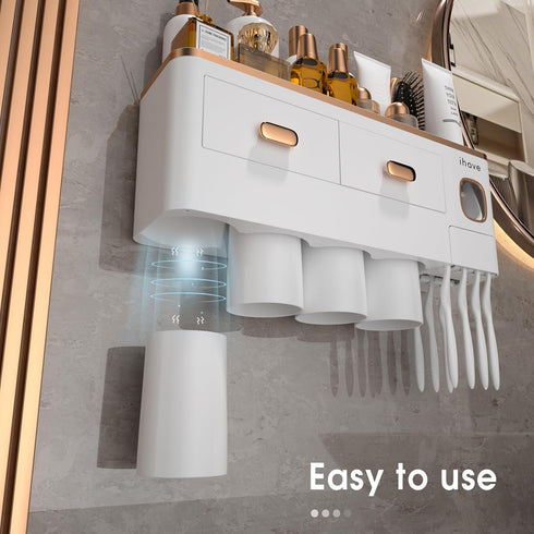 4 iHave Toothbrush Holders Wall Mounted with Toothpaste Dispenser & Cups - Premium White and Gold Design for Bathroom