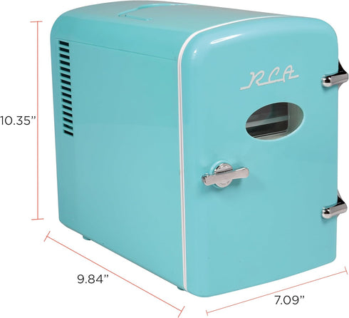 RCA RMIS129-BLUE Mini Retro Beverage Refrigerator, 6 Can Capacity, Blue, 0.14 cubic feet