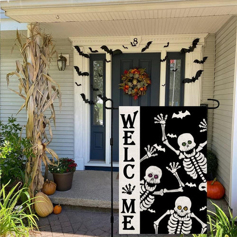 Welcome Halloween Skull Small Garden Flag, Vertical Double Sided Burlap 12 x 18 Inches Outdoor Decor