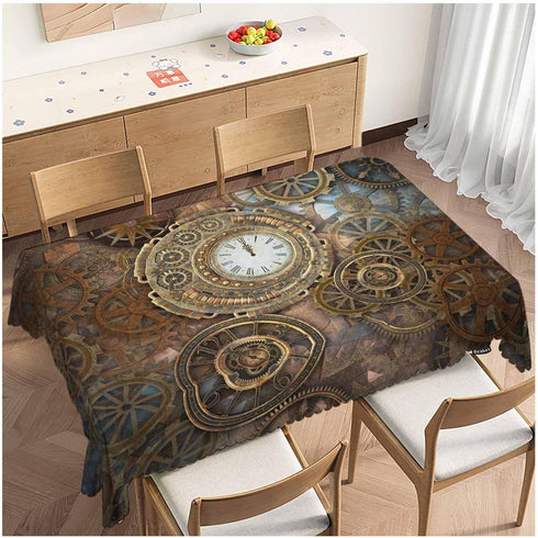 Beabes Clock Gears Tablecloth, Rusty Steampunk Design for Rectangle Tables, 52"X70" Indoor Outdoor Cover