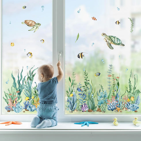 decalmile Summer Under The Sea Seaweed Double Sided Window Clings Ocean Grass Turtle Fish Window Decals Anti-Collision Glass Window Doors Window Stickers