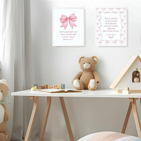 LARTSFRO 10x8 Inch Set 4 Coquette Pink Bow Jesus Wall Art Decor Posters, Light Pink Bow Christian Room Bedroom Bathroom