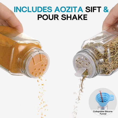 AOZITA 14 Pcs Glass Spice Jars with Black Lids, 4oz Square Bottles, Airtight Metal Caps, Silicone Funnel