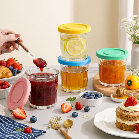 4 Pack 13Oz 400ml Coloch Working Glass Jar with Leakage Proof Lid, French Jelly Jar Clear Storage Jar for Jam, Jelly