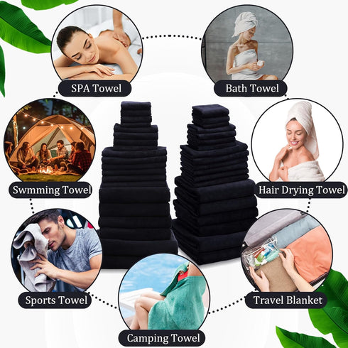 24 Set: 2 4 6 8 4 Mixweer Piece Black Microfiber Absorbent Towel Oversized Bath Sheets, Bath Towels, Hand, Washcloths