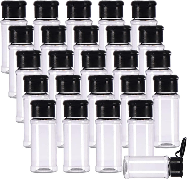 FEOOWV 25Pcs Empty Plastic Spice Bottles Set for Storing Barbecue Seasoning, Salt, Pepper, 75 ml/2.5 oz (Black)