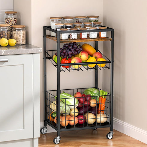 Fruit Vegetable Cart, 3-Tier Snack Kitchen Cart on Wheels & Wood Top,