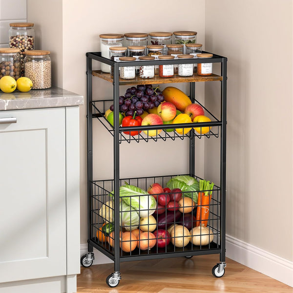 Fruit Vegetable Cart, 3-Tier Snack Kitchen Cart on Wheels & Wood Top,