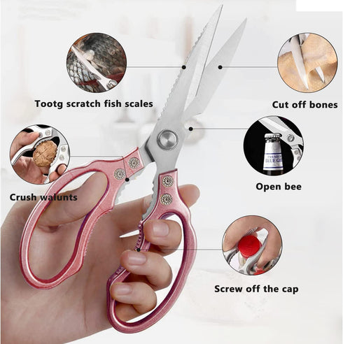 Heavy Duty Kitchen Scissors, Sharp Shears for Meat, Chicken, Fish, Poultry, Herbs, and Bread - Rose Gold, Dishwasher