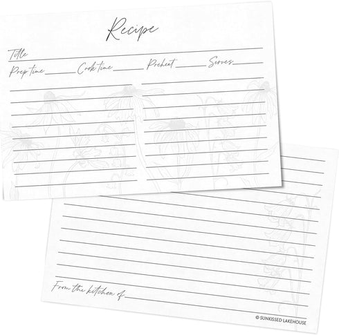 Recipe Cards 4x6 Set of 50 Floral Recipe Cards - Thick Pure White Cardstock for Bridal Showers and Weddings