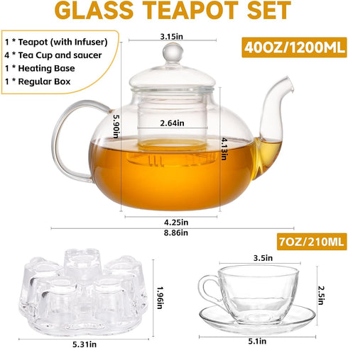 Set, 40OZ/1200ml Set 4, Set Glass Teapot Stovetop Safe Glass Tea Kettle with Removable Infuser & Tea Warmer, Tea Cups