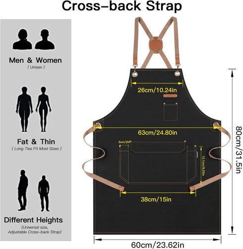 Chef Apron for Men and Women with Gift Box, Cross Back Apron with Pockets for Cooking, Baking, Cotton Canvas Work Apron