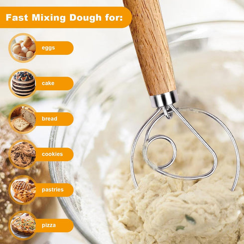 2-Pack Danish Dough Whisk, 13-Inch Bread Whisk with Stainless Steel Ring for Sourdough, Pizza, Pastry, and Cookies