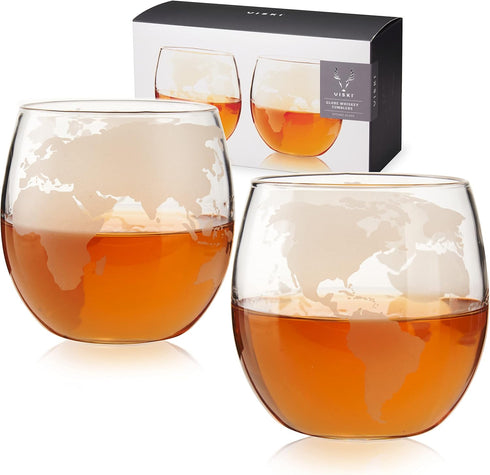 Set of 2 Viski Globe Glass Whiskey Tumblers, 10 oz, Etched Glass Whiskey Enthusiast Gift and Glassware Accessory