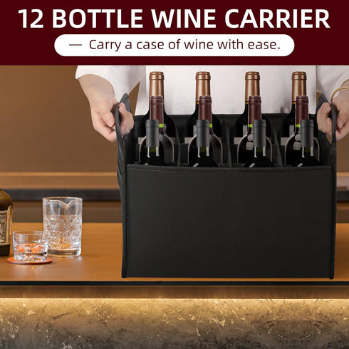 12 Bottle Wine Carrier, Collapsible Wine Bottle Storage Box Premium Felt Liquor Bottle Tote with Handles for Travel/Party/Picnic/Vacation, Black