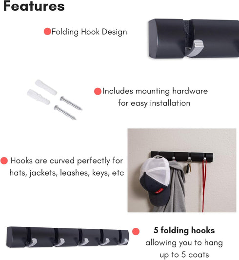 BirdRock Home Folding Hook Coat and Hat Rack, 5 Hooks, 18 Inches Wall Mount Decorative Storage