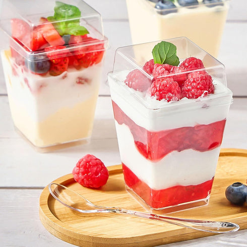 50 Pack 5 oz TOFLEN Plastic Dessert Cups with High Lids for Party, Mini Dessert Cups with Spoons Dessert Shooter Cups