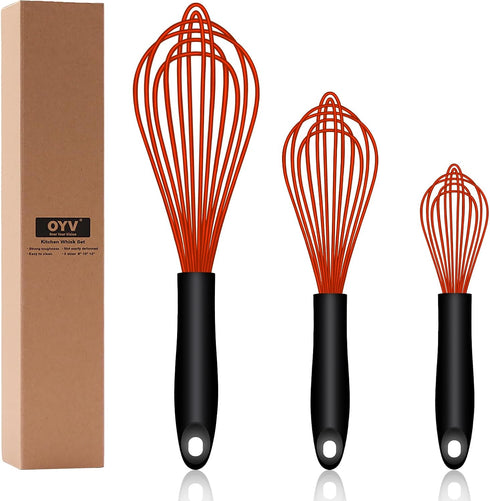 Set of 3 Dishwasher Safe Silicone Whisks - Professional Non-Scratch Kitchen Whisks, Heat Resistant, Red
