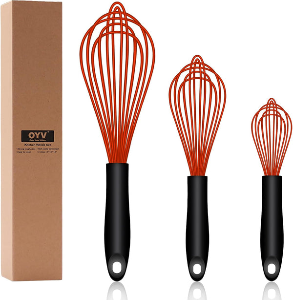 Set of 3 Dishwasher Safe Silicone Whisks - Professional Non-Scratch Kitchen Whisks, Heat Resistant, Red