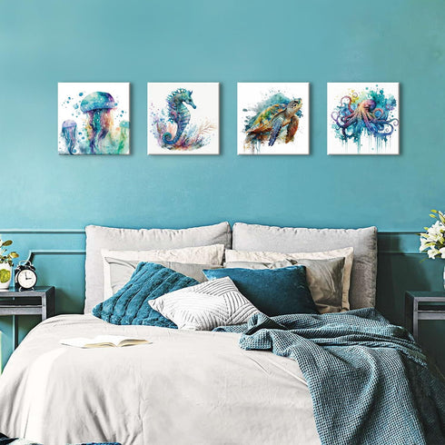 16x16" 4P Sea Turtle Bathroom Decor Ocean Animals Canvas Wall Art Nautical Theme Teal Octopus Pictures Nursery Kids