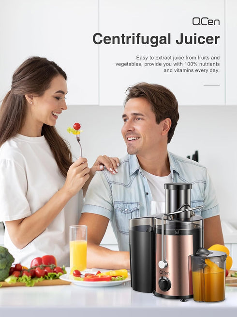 QCen Juicer Machine, 500W Centrifugal Juicer Extractor with 3” Wide Mouth Feed Chute, Stainless Steel, BPA-free (Rose