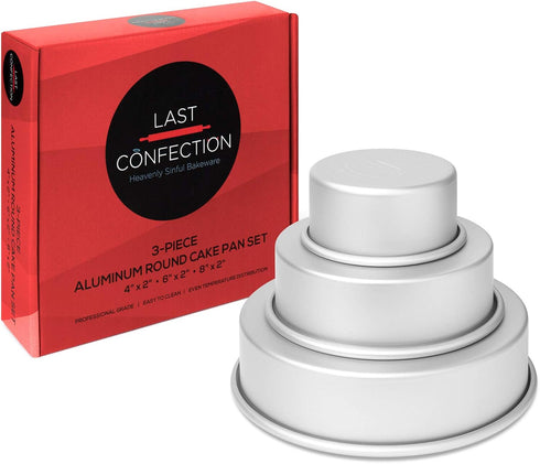 LAST CONFECTION 3-Piece Round Cake Pan Set, Includes 4", 6", and 8" Aluminum Pans, 2" Deep
