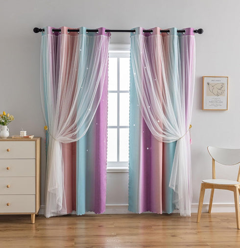 conokata Grommet 2 52W 95L) Star Girl and Kids Curtains for Bedroom Rainbow Ombre Double Layer Cute Shot Nursery