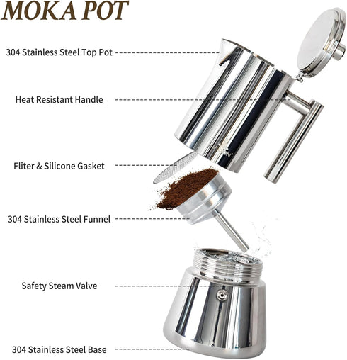 6Cup 10 oz LAOION Stovetop Espresso Maker, Moka Pot, Stainless Steel Cuban and Italian Coffee Maker for Cafetera