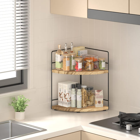 2-Tier Counter Counter, ZGO Bathroom Organizer, Corner and Makeup Organizer for Vanity and Kitchen Wood