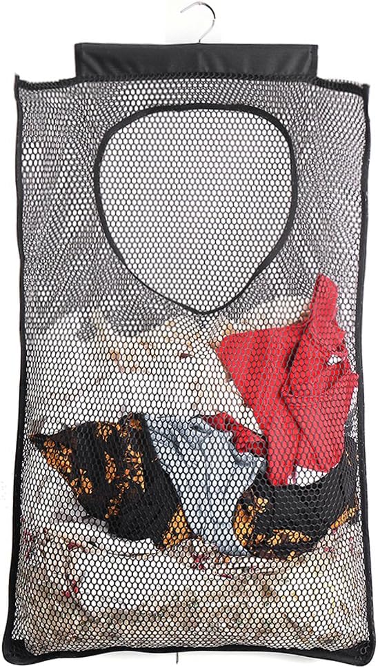 Breathable Mesh Laundry Hamper, Foldable Hanging Storage Basket, Portable Space Saving Bag (Black)
