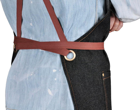 Professional Black Denim Apron with Pockets, Cooking Chef Kitchen Grill BBQ Hairstylist Apron with Leather Straps