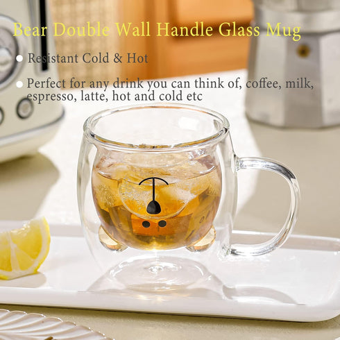 Binoster Bear Cute Mugs Kawaii Double Wall Glass Coffee Tea Mill Yogurt Cup Funny Novelty Gift for Women Her Friends
