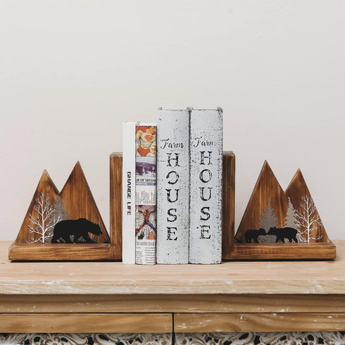 NIKKY HOME Heavy Duty Non Slip Rustic Woodland Mountain Wood Bookend Cute Bear Book Ends Book Stoppers for Cabin Decor