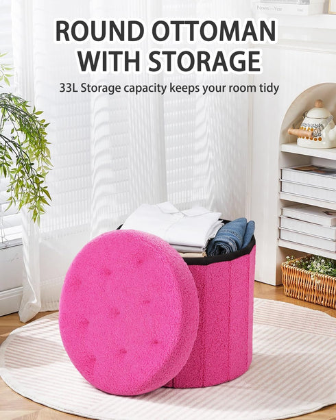 Round Storage Ottoman Foot Stool and Poufs Ottoman, Teddy Velvet Ottoman Foot Rest, Foot Rest for Living Room Bedroom
