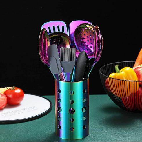 Rainbow Kitchen Utensils Set, 13 Pieces Stainless Steel Cooking Tools Set with Titanium Rainbow Plating, Utensil Holder