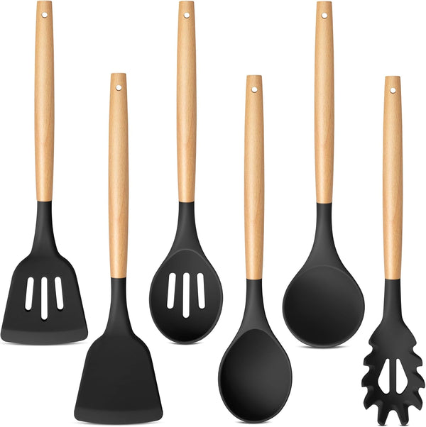 TeamFar Silicone Kitchen Utensils Set, 6 Piece Set with Wooden Handles for Non-stick Cookware