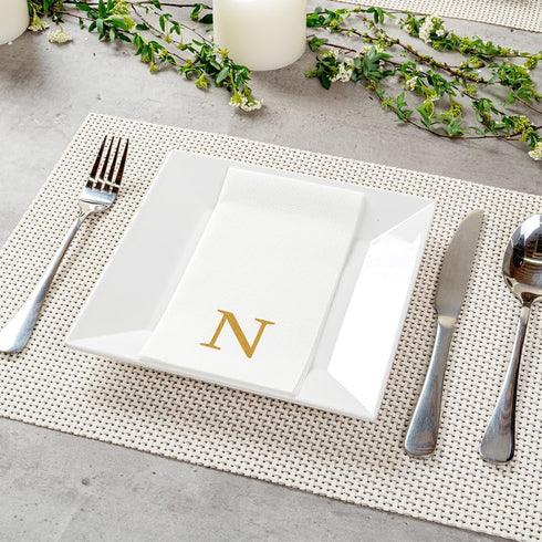 15.8 7.9 Inch 50 Luxenap X Linen-Feel Guest Towels, Lettered Hand Towels - Gold Letter 'N', Sans Serif Font, White