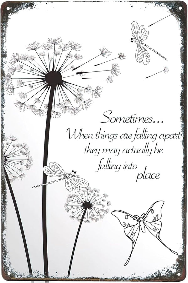 Dandelion Inspirational Wall Art Vintage Metal Sign, Dragonfly and Dandelion Retro Iron Painting Plaque (12x8 inch)