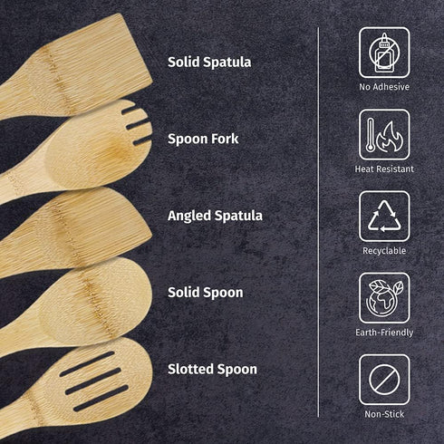 PrintSupremacy Custom Engraved Bamboo Cooking Spoons Set, Non-Stick Wooden Kitchen Gadget, 5 Pieces for Baking Gift