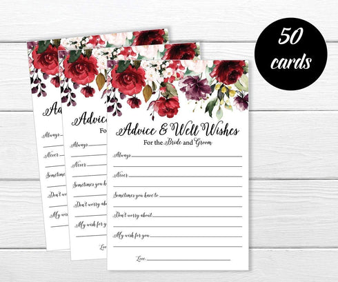 Pack of 50 Wedding Advice Cards for Bride and Groom - Burgundy Well Wishes for Bridal Shower