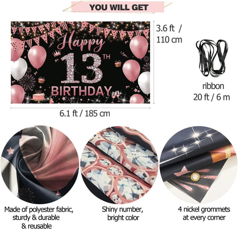 13th Birthday Decorations Backdrop Banner, Happy 13th Birthday Sign for Girls, Rose Gold Photography Background